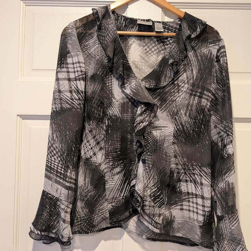 Chico's Sheer Black White Bell Sleeves Size 1 Ruffled Blouse Y2K 90s Artsy - Picture 7 of 9